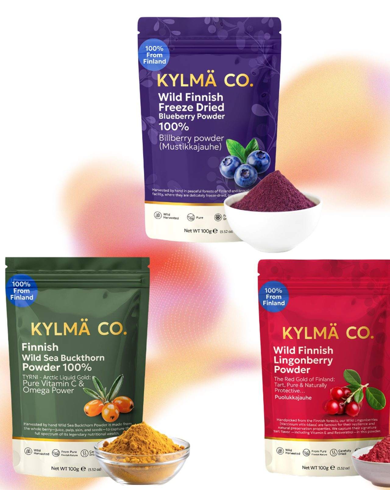 Kylmä Co. -pussisarja: mustikka, tyrni ja puolukka