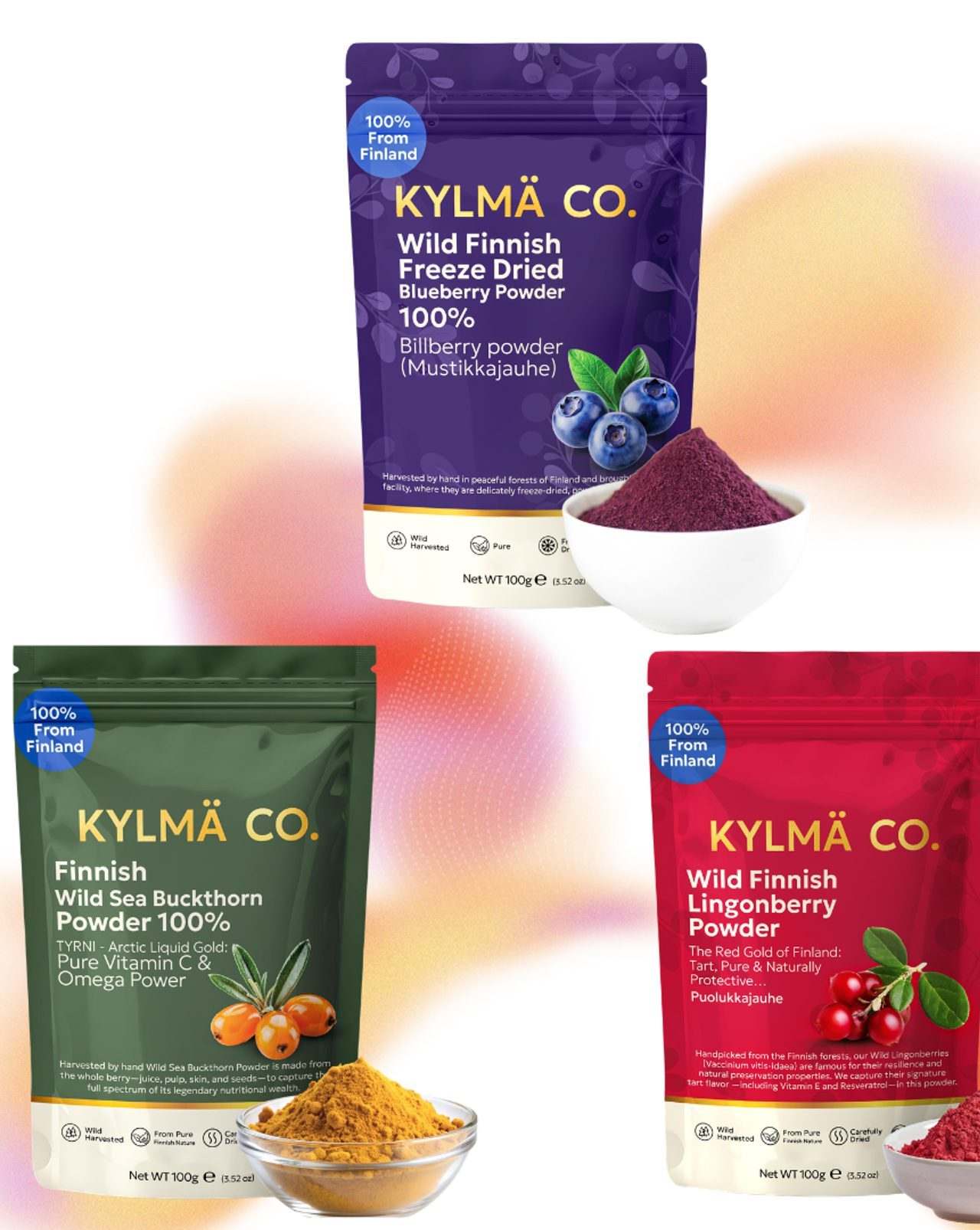 Kylmä Co. -pussisarja: mustikka, tyrni ja puolukka